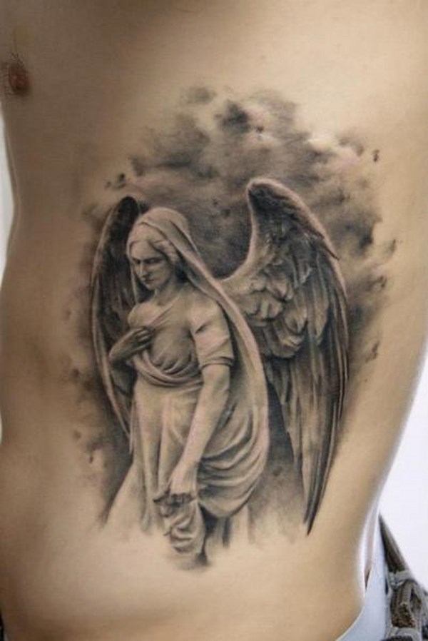 Grey Ink Female Guardian Angel Tattoo On Male Siderib