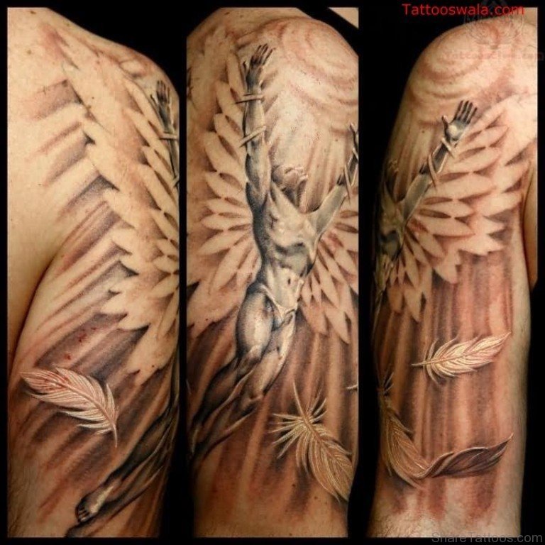 Grey Ink Flying Male Angel Tattoo On Half Sleeve