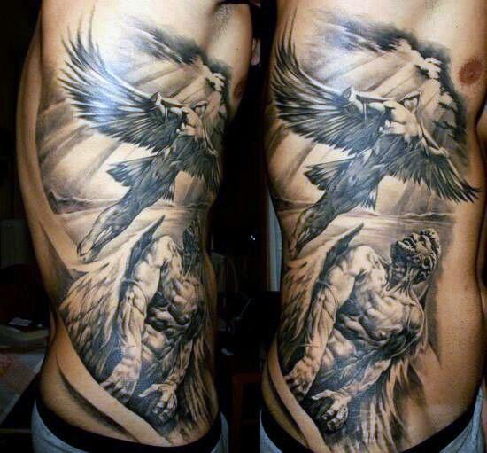 Grey Ink Flying Male Guardian Angels Tattoo On Man Siderib
