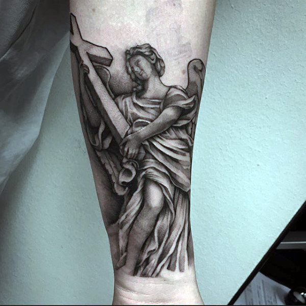Grey Ink Guardian Angel & Cross Tattoo on Forearm