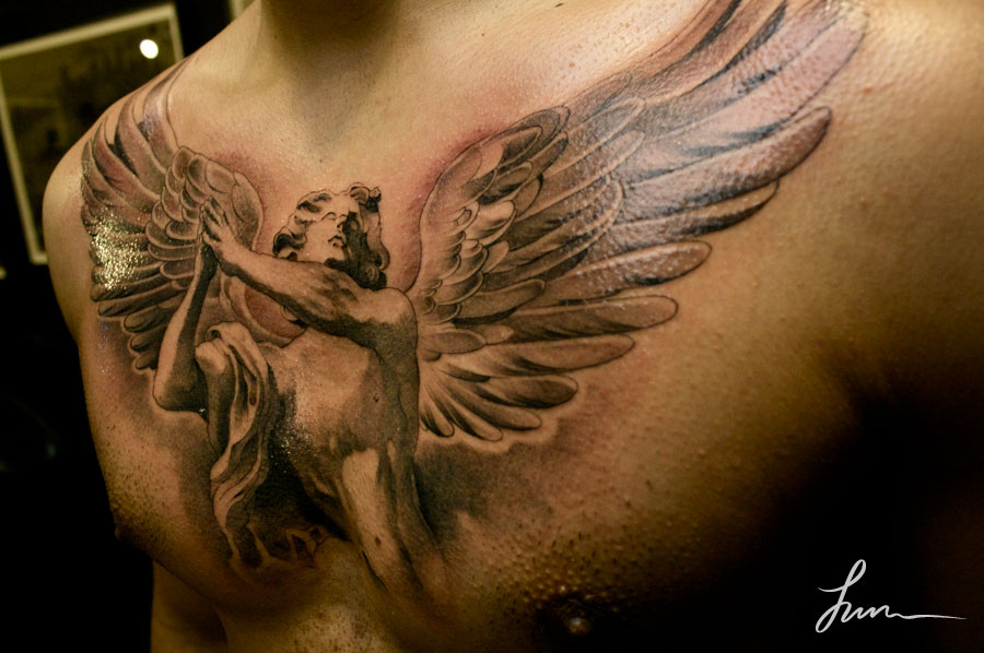 Grey Ink Guardian Angel Tattoo Design On Chest For Men