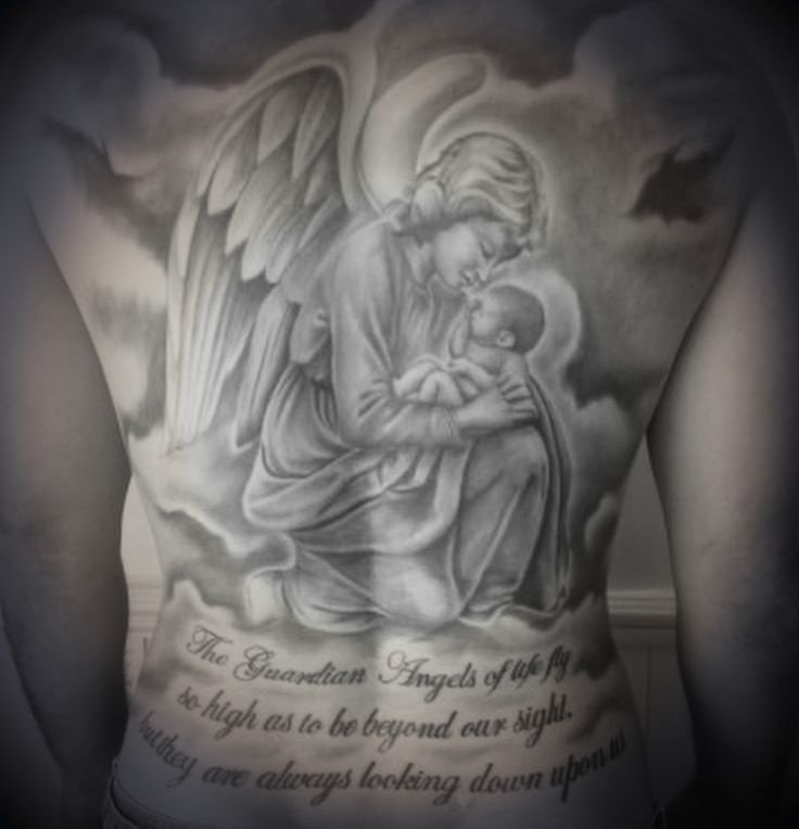 Grey Ink Guardian Angel With Child Tattoo On Full Back