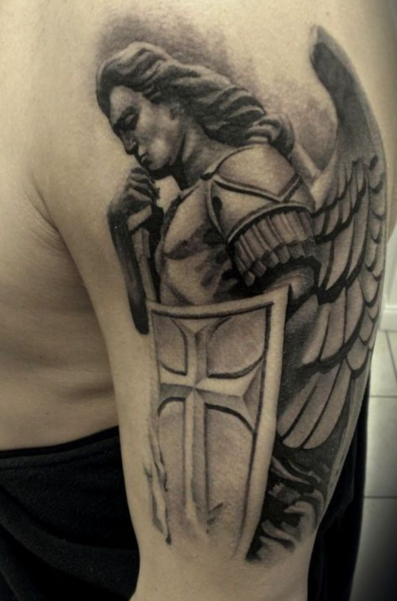 Grey Ink Guardian Angel With Sword & Shield Tattoo On Shoulder