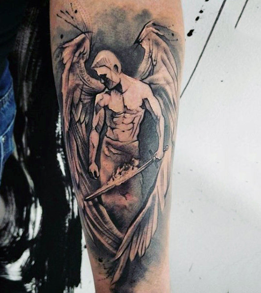 Grey Ink Handsome Guardian Angel Tattoo Design On Forearm