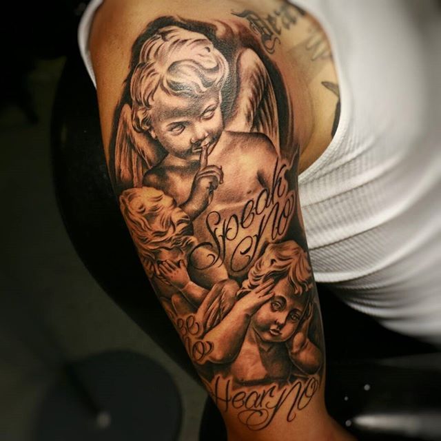 Grey Ink Hear No Evil – See No Evil – Speak No Evil – Cherubs Tattoo On Half Sleeve