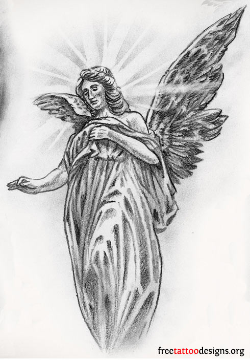 Grey Ink Innocent Flying Guardian Angel Tattoo Design