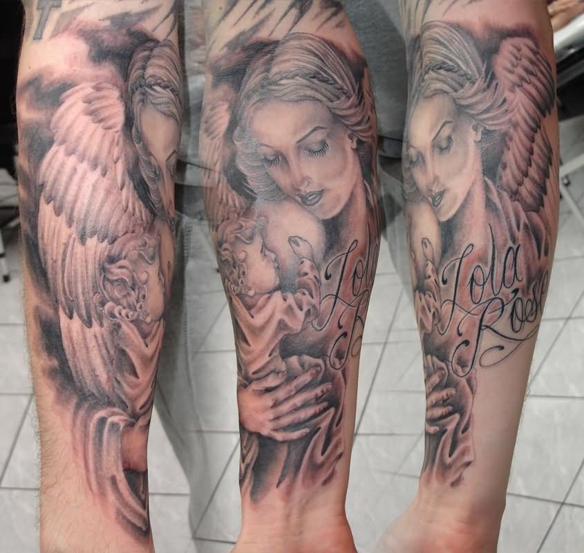 Grey Ink Lovely Guardian Mother Angel With Baby Angel Tattoo On Male Forearm Represents Mother Love