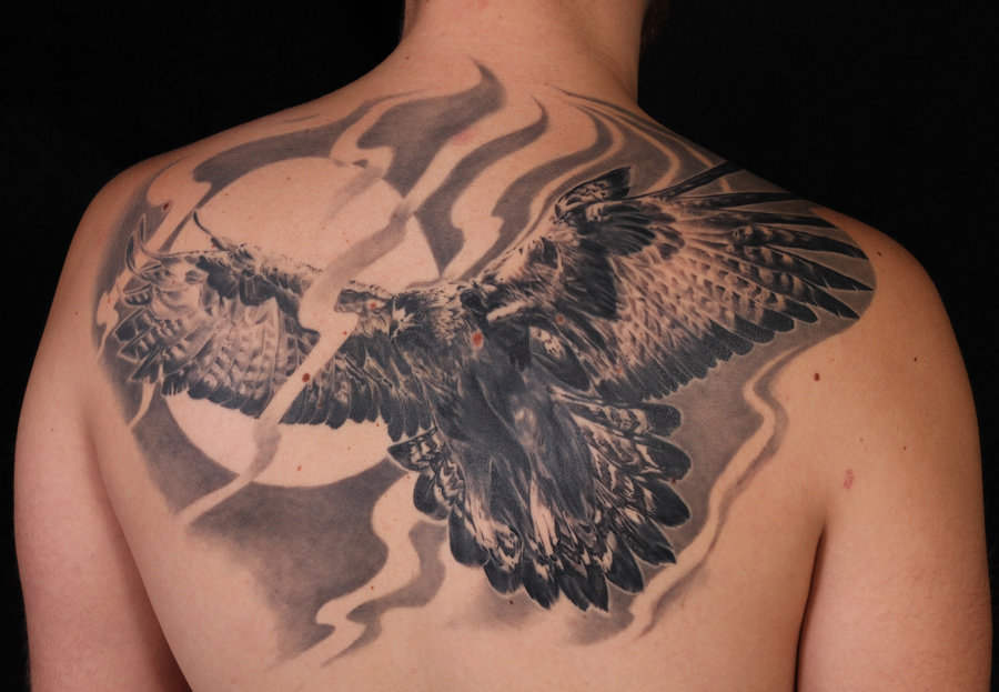 Grey Ink Moon & Flying Eagle Composition Tattoo On Back