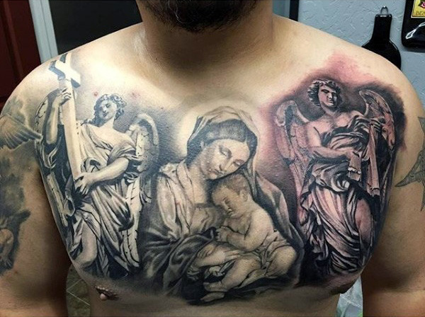 Grey Ink Mother Mary & Angels With Cross Tattoo On Chest For Men