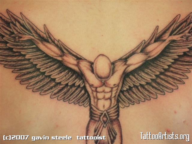 Grey Ink Open Winged Male Guardian Angel Tattoo Design