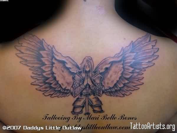 Grey Ink Praying Guardian Angel Tattoo On Upper Back 1