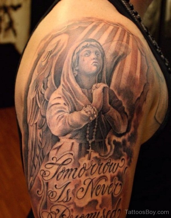 Grey Ink Praying Guardian Angel Tattoo With Lettering On Half Sleeve