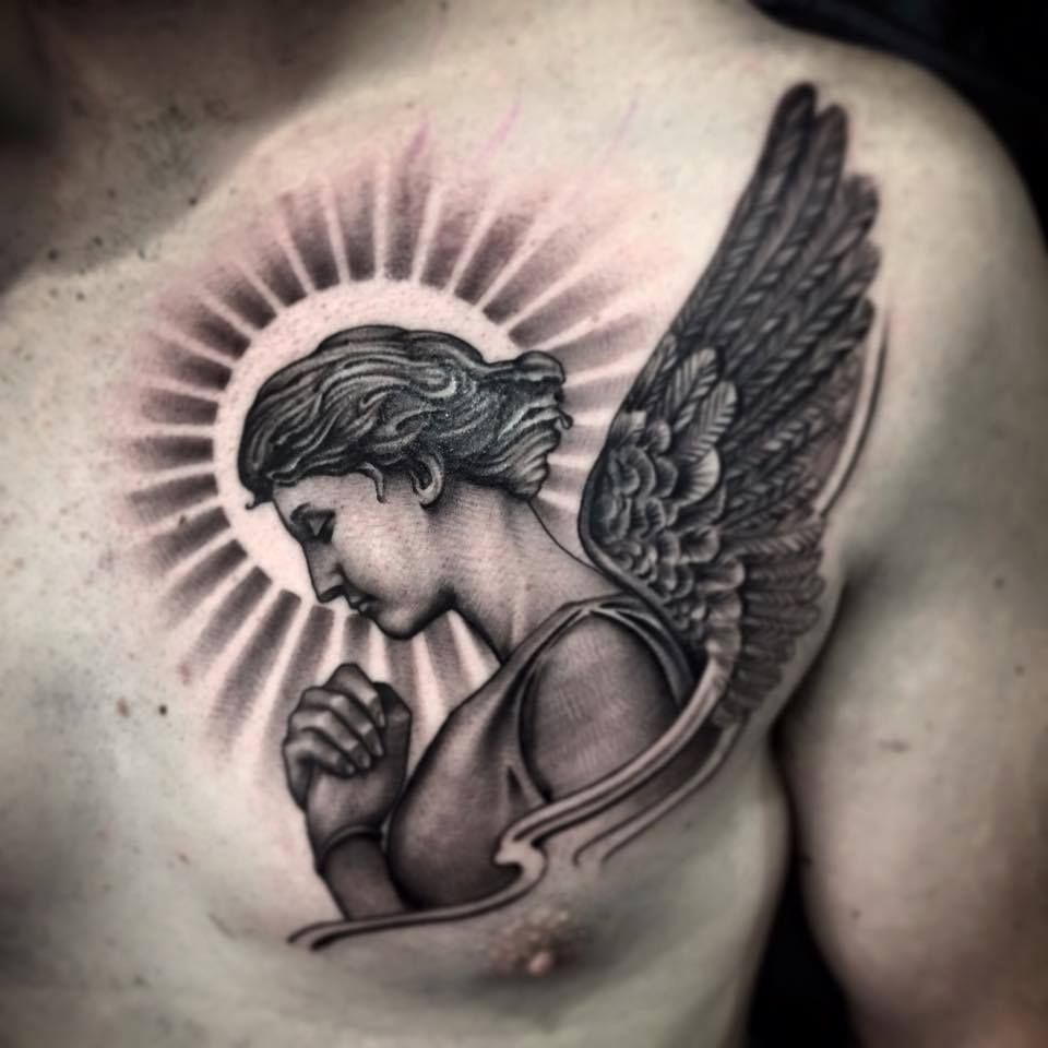 Grey Ink Praying Realistic Female Angel Tattoo On Man Chest