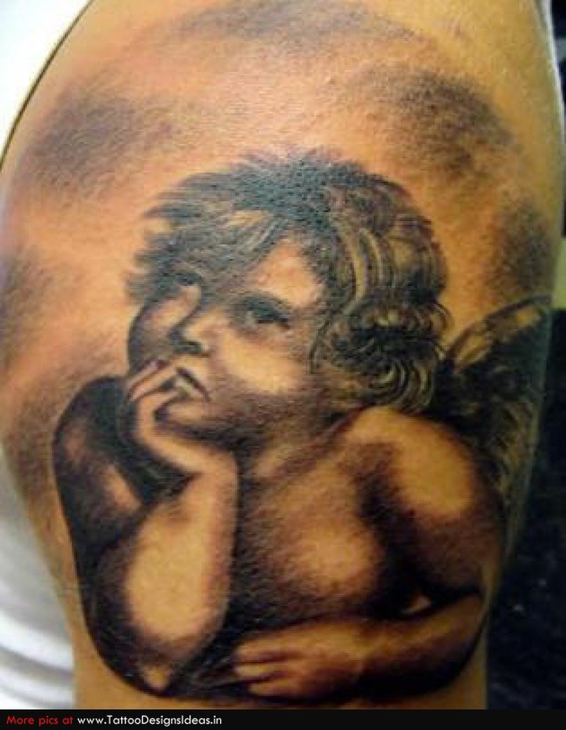 Grey Ink Realistic Baby Cherub Tattoo On Shoulder