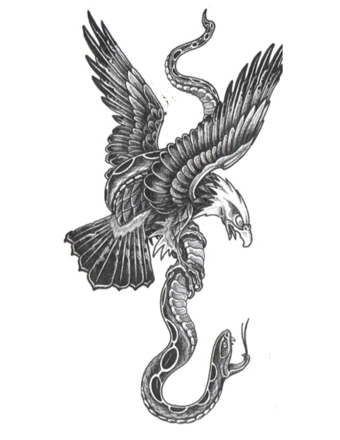 Grey Ink Realistic Eagle Vs. Snake Tattoo Design