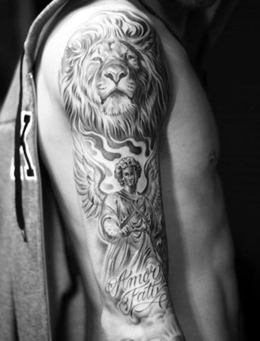 Grey Ink Remarkable Lion & Angel Tattoo On Half Sleeve