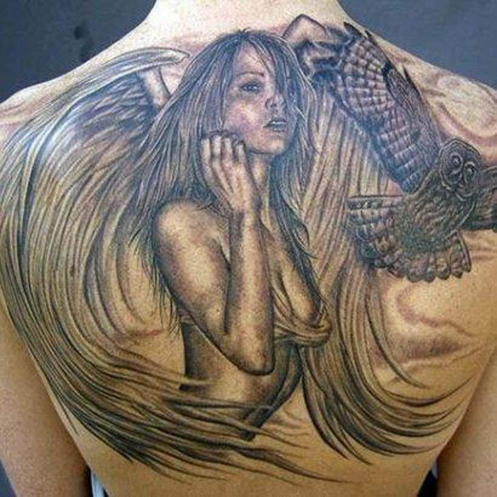 Grey Ink Sexy Girl Angel Tattoo On Male Full Back