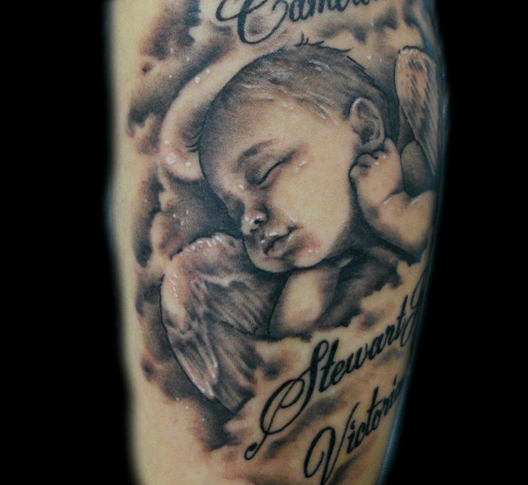 Grey Ink Sleeping Infant Cherub Tattoo