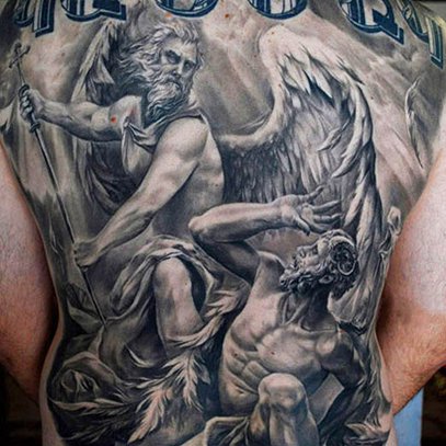 Grey Ink St Michael Fighting The Evil Tattoo On Full Back