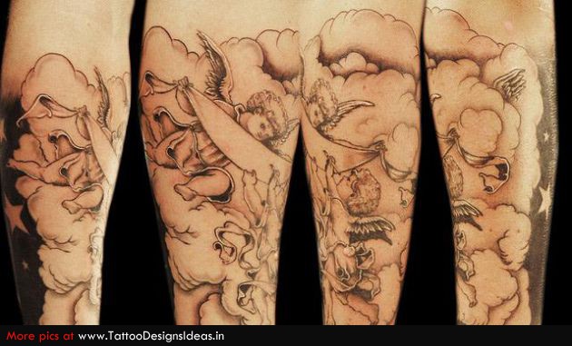 Grey Ink Two Cherubs Playing In Clouds Tattoo On Sleeve