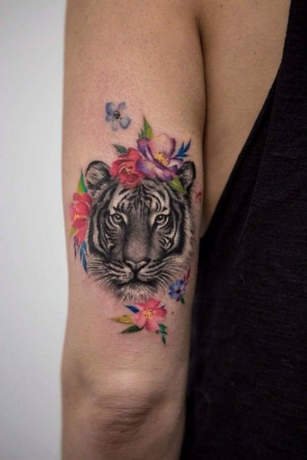 Grey Ink White Tiger Head Tattoo With Colorful Flowers On Back Half Sleeve