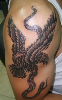 Grey Shaded Eagle & Snake Tattoo On Half Sleeve