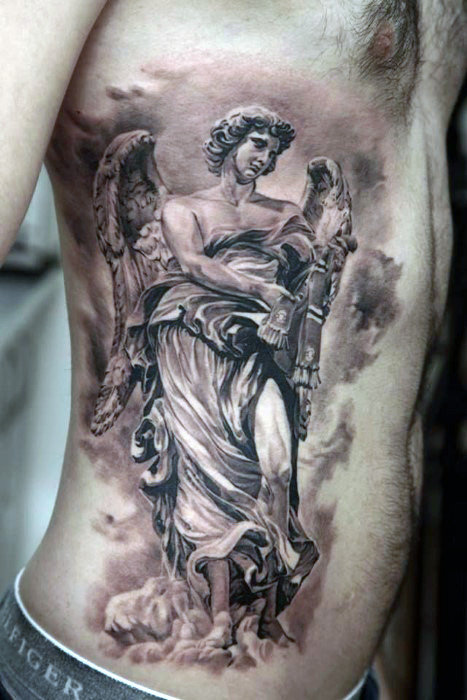Grey & White Guardian Angel Tattoo On Siderib For Men