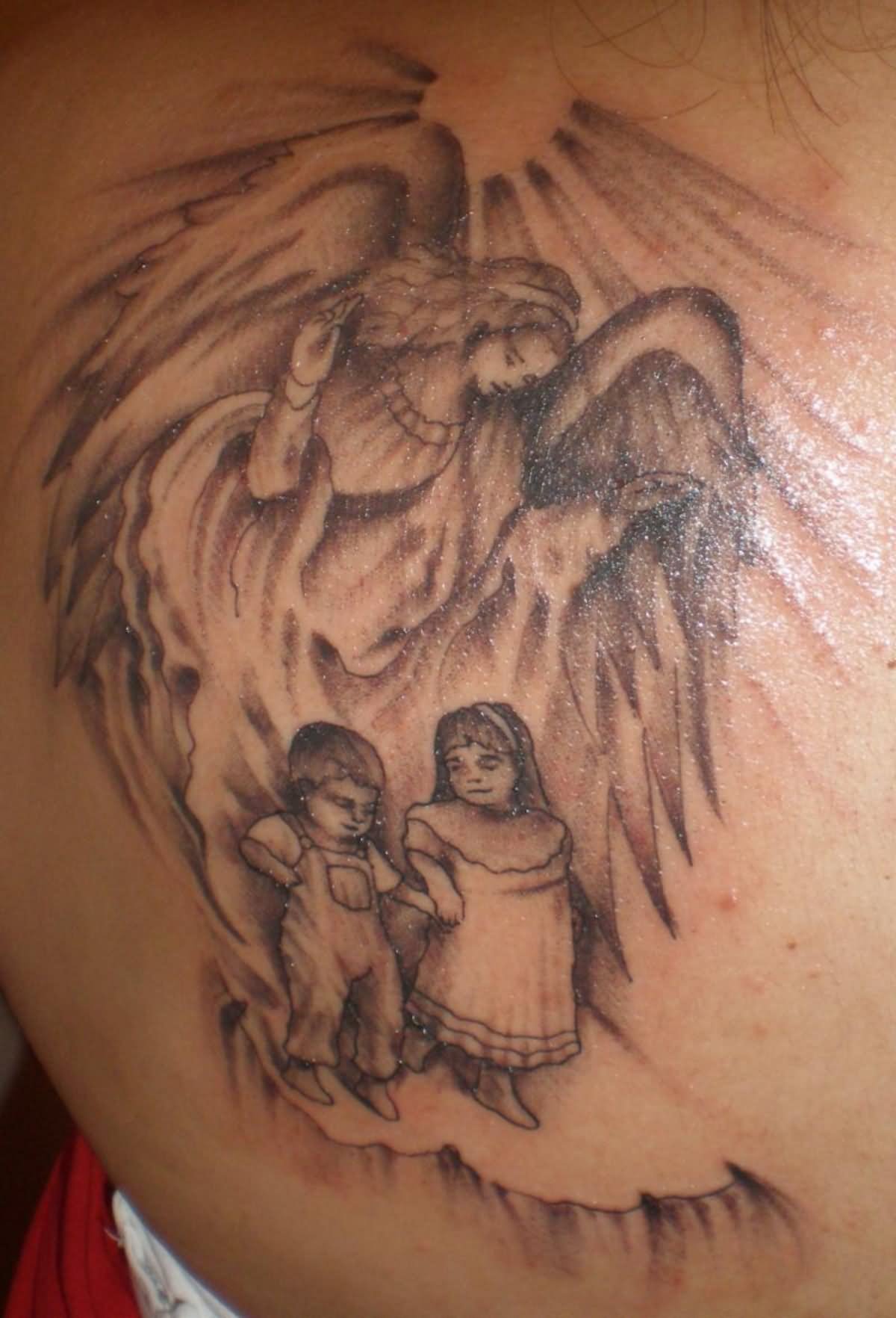 Guardian Angel Blessing Children Tattoo On Back Shoulder