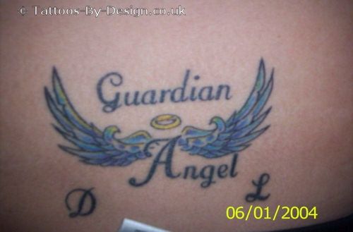 Guardian Angel Lettering With Angel Wings Tattoo On Back