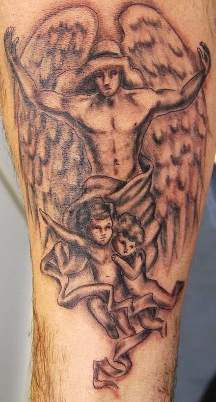 Guardian Angel With Two Cherubs Tattoo On Arm