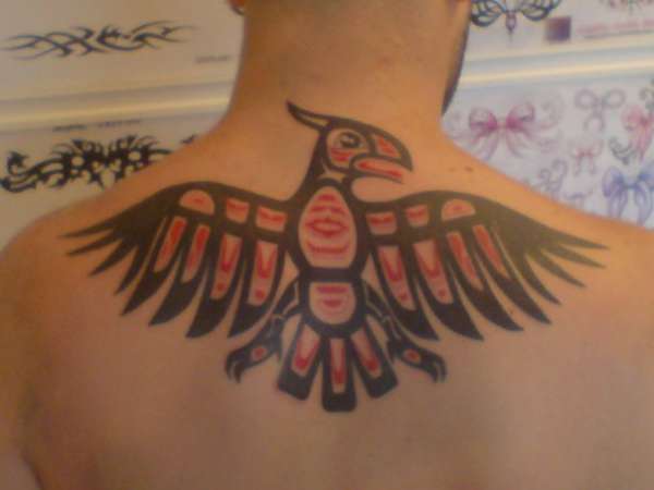 Haida Eagle Tattoo With Open Wings Tattoo On Upper Back