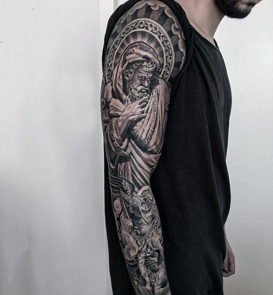Impressive 3D Guardian Angel Tattoo On Male Full Sleeve