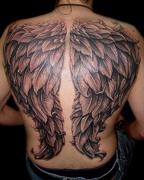 Impressive Black Ink Angel Wings Tattoo On Full Back