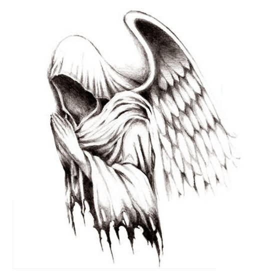 Impressive Grey Ink Praying Angel Tattoo Design