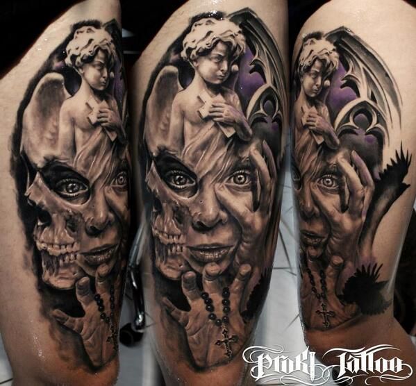 Incredible 3D Child Angel With Skull & Face Tattoo On Half Sleeve