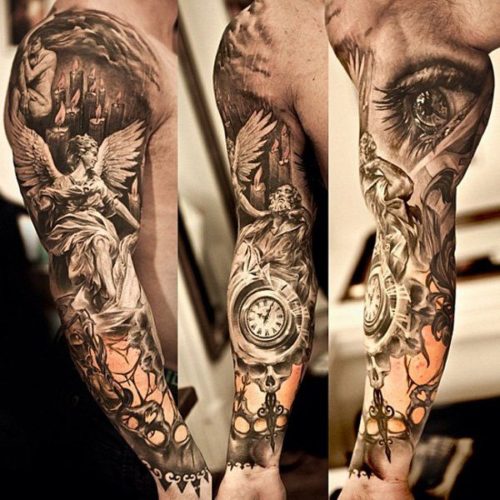 Incredible 3D Eye, Angel, Skull & Watch Tattoo On Full Sleeve