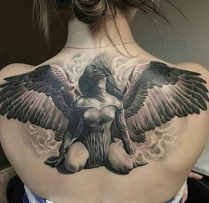 Incredible Black & Gray Ink Sexy Fallen Angel Tattoo On Girl Upper Back
