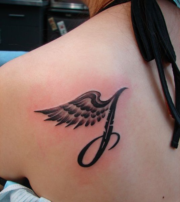 Incredible Black Ink Angel Wing With Letter J Tattoo On Girl Back Shoulder