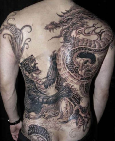 Incredible Black Ink Dragon & Tiger Tattoo On Full Back