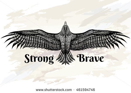 Incredible Black Ink Strong & Brave Flying Eagle Tattoo Design