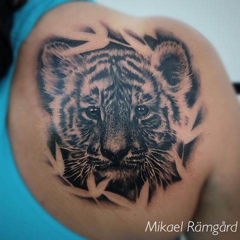 Incredible Black Y Grey Ink Baby Tiger Tattoo On Girl Back By Mikael Rämgård