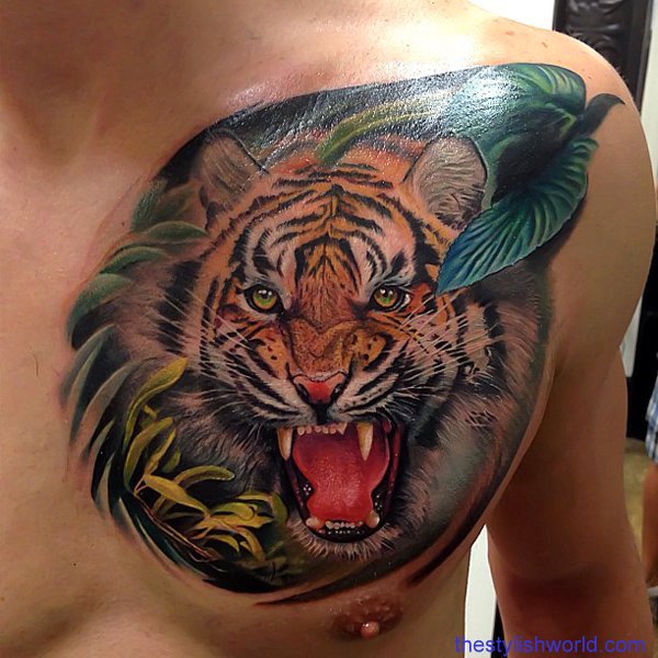 Incredible Colored Roaring Tiger Head Tattoo On Chest For Men