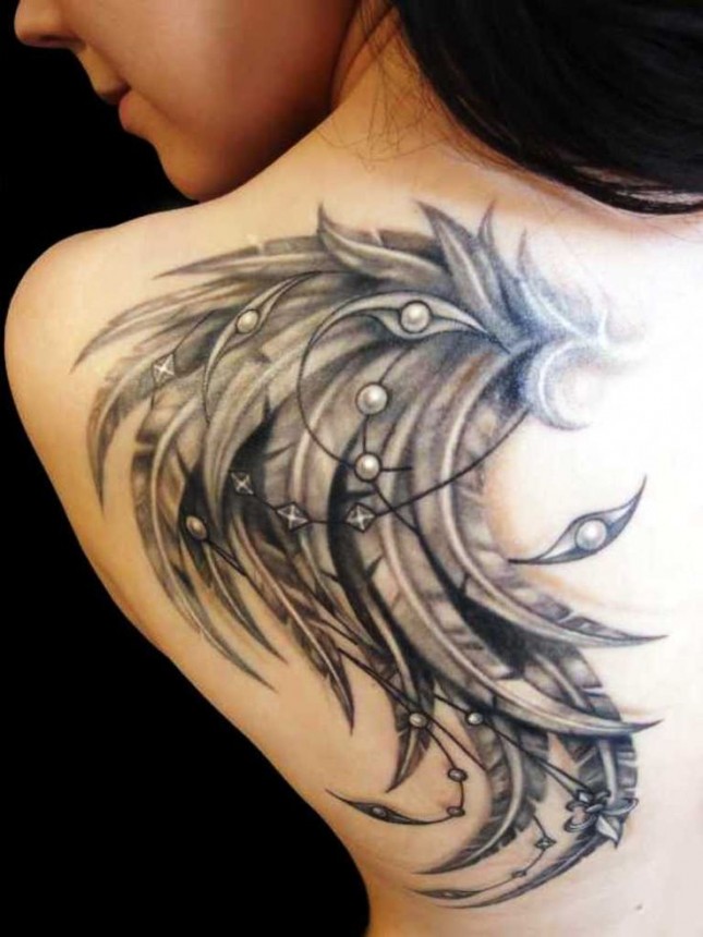Incredible Grey Ink Angel Wings With Pearl Bead Tattoo On Girl Back