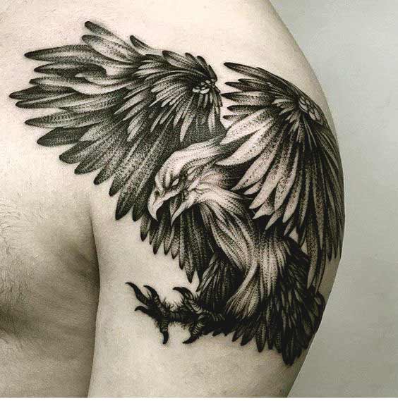 Incredible Grey Ink Soaring Eagle Tattoo On Shoulder