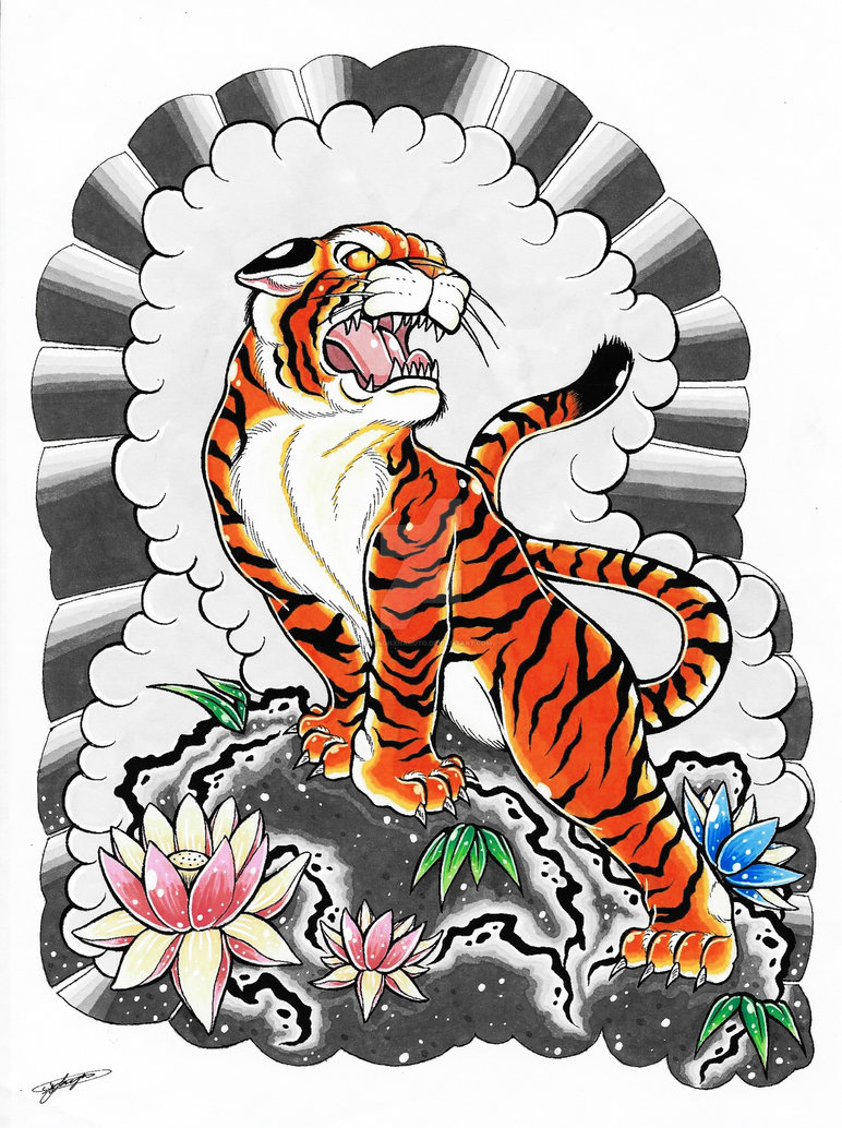 Japanese Colorful Roaring Tiger Tattoo Design