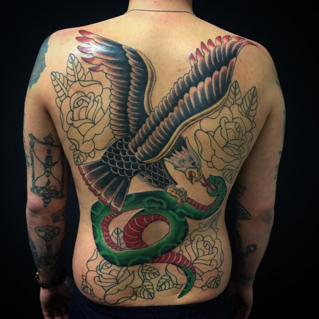 Large Colorful Eagle Vs. Snake Tattoo On Back