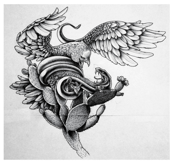 Mexican Eagle Vs. Snake Tattoo Stencil