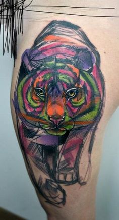 Modern Style Colorful Tiger Tattoo On Thigh