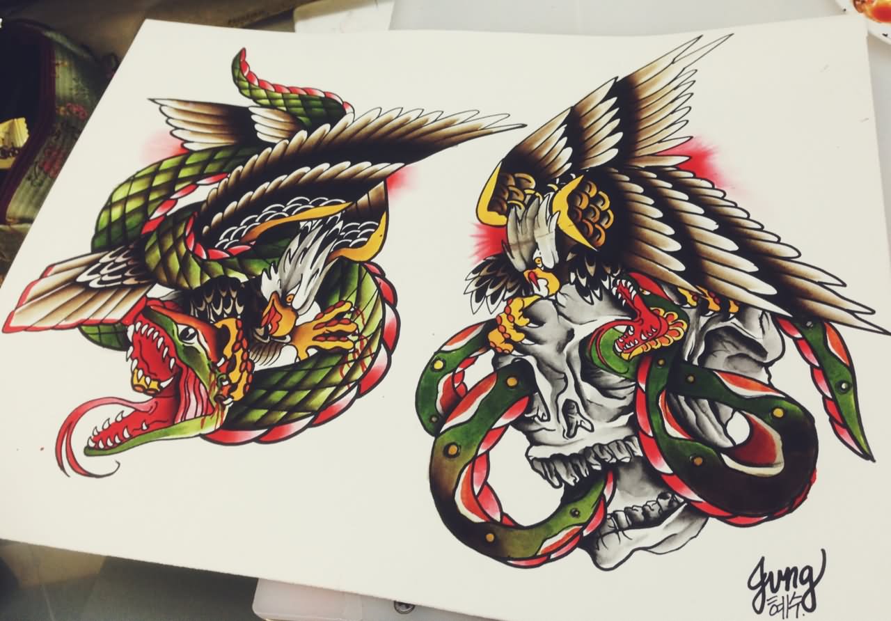 Multi-color Old School Eagle Vs. Snake Tattoo Stencil