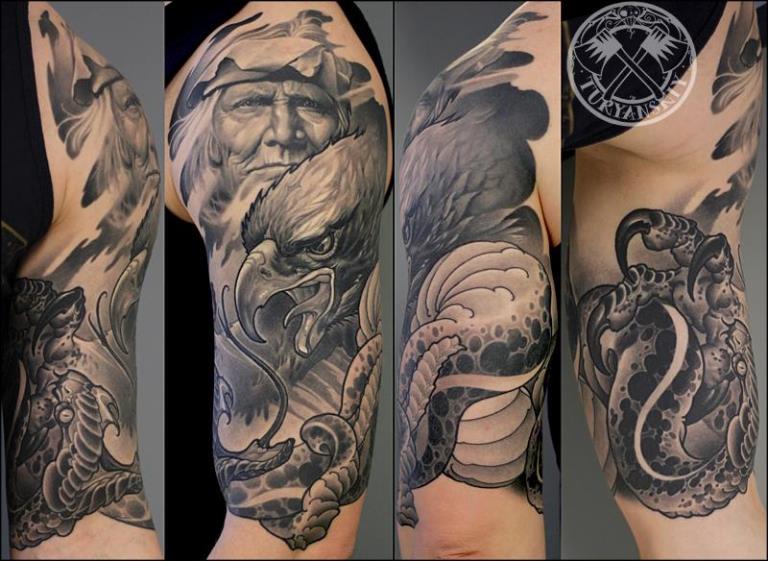 Native American Grey Ink Eagle & Snake Tattoo On Half Sleeve